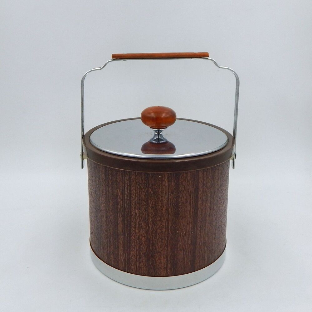 ATAPCO Ice Bucket Barware Wood Handles & Chrome Accents MCM Retro Mad Men Tongs